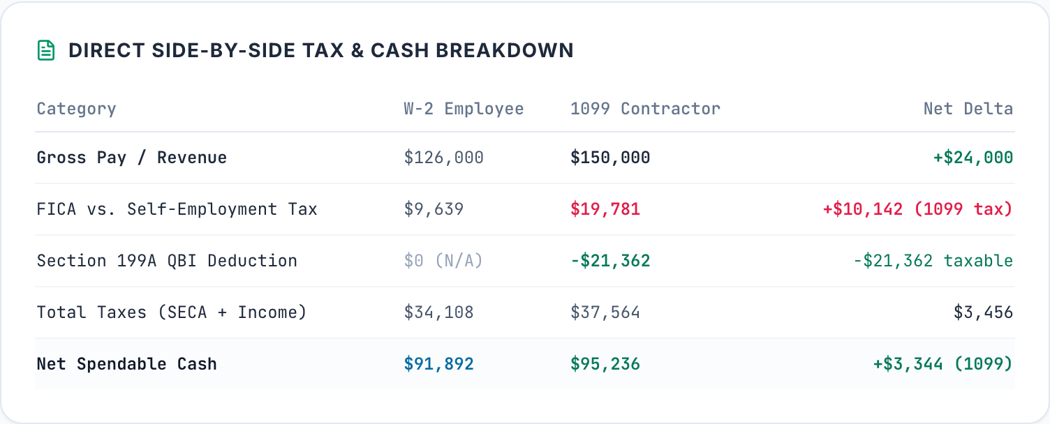 Side-by-side tax table for a $150,000 1099 contract with $10,000 of expenses. The 1099 column shows $19,781 of self-employment tax, a $21,362 Section 199A deduction, $37,564 of total taxes and $95,236 of net spendable cash. The W-2 column beside it is the calculator's default $120,000 salary offer, $126,000 with its bonus: $34,108 of taxes and $91,892 of net spendable cash.